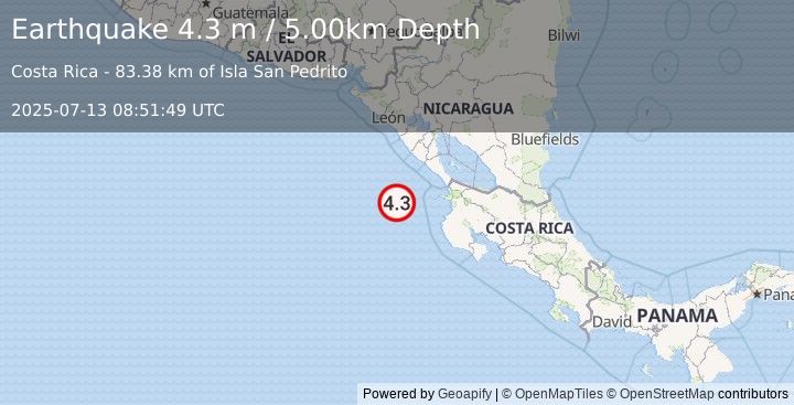 Earthquake OFF COAST OF COSTA RICA (4.3 m) (2025-07-13 08:51:49 UTC)