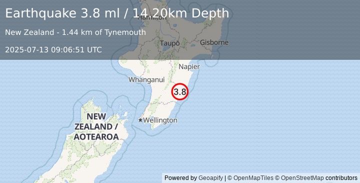 Earthquake NORTH ISLAND OF NEW ZEALAND (3.8 ml) (2025-07-13 09:06:51 UTC)