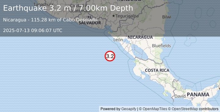 Earthquake NEAR COAST OF NICARAGUA (3.2 m) (2025-07-13 09:06:07 UTC)