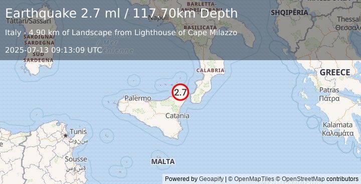 Earthquake SICILY, ITALY (2.7 ml) (2025-07-13 09:13:09 UTC)