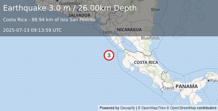 Earthquake OFF COAST OF COSTA RICA (3.0 m) (2025-07-13 09:13:59 UTC)
