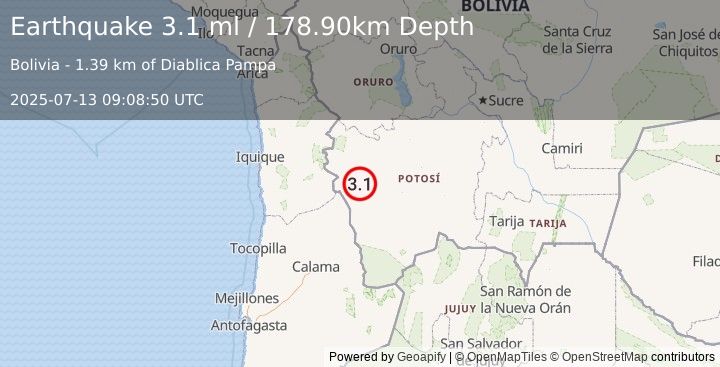 Earthquake POTOSI, BOLIVIA (3.1 ml) (2025-07-13 09:08:50 UTC)