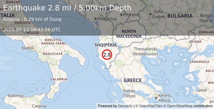 Earthquake ALBANIA (2.6 ml) (2025-07-13 09:43:56 UTC)