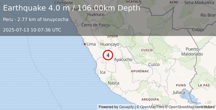 Earthquake CENTRAL PERU (4.0 m) (2025-07-13 10:07:36 UTC)