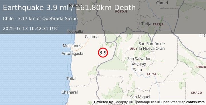 Earthquake ANTOFAGASTA, CHILE (3.9 ml) (2025-07-13 10:42:31 UTC)