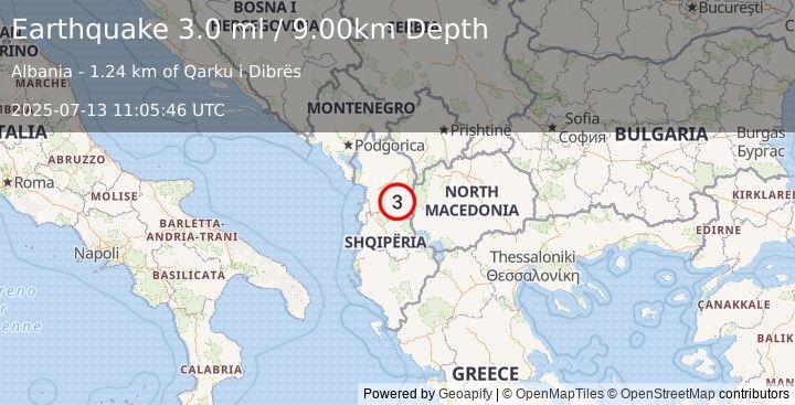 Earthquake ALBANIA (2.8 ml) (2025-07-13 11:05:47 UTC)