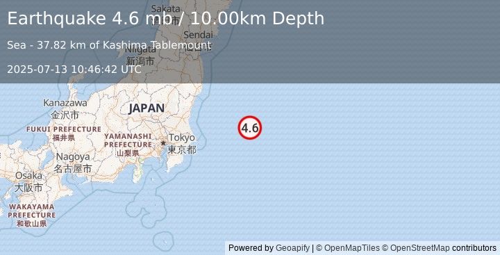Earthquake OFF EAST COAST OF HONSHU, JAPAN (4.6 mb) (2025-07-13 10:46:42 UTC)