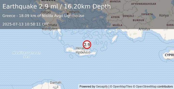 Earthquake CRETE, GREECE (2.9 ml) (2025-07-13 10:58:11 UTC)