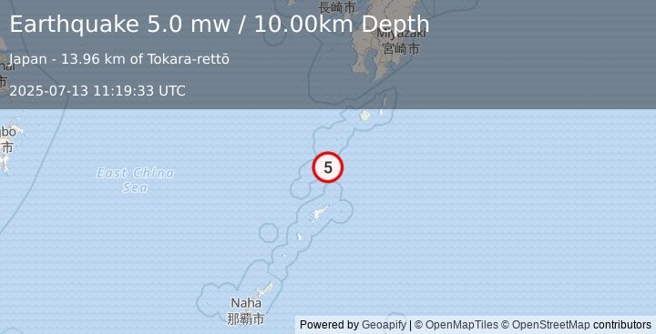 Earthquake RYUKYU ISLANDS, JAPAN (5.0 mw) (2025-07-13 11:19:33 UTC)