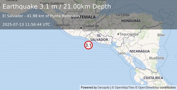 Earthquake OFFSHORE EL SALVADOR (3.1 m) (2025-07-13 11:56:44 UTC)