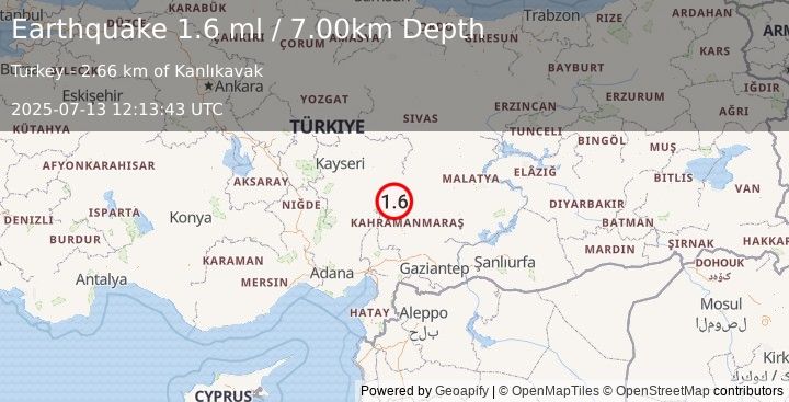 Earthquake CENTRAL TURKEY (1.6 ml) (2025-07-13 12:13:43 UTC)