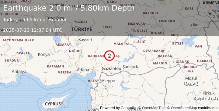 Earthquake CENTRAL TURKEY (2.0 ml) (2025-07-13 12:37:04 UTC)