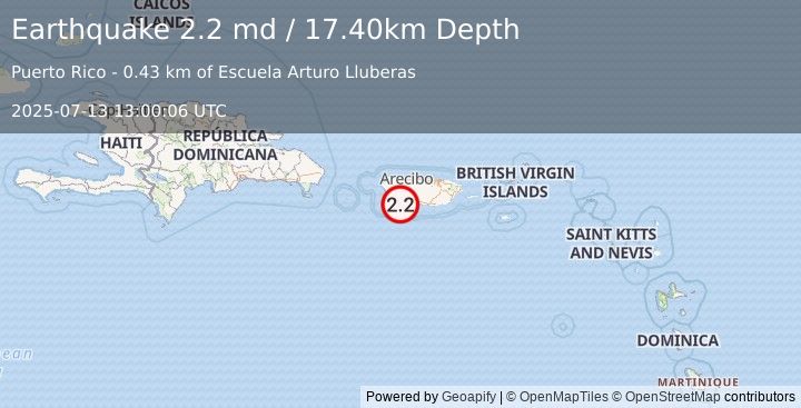 Earthquake PUERTO RICO (2.2 md) (2025-07-13 13:00:06 UTC)