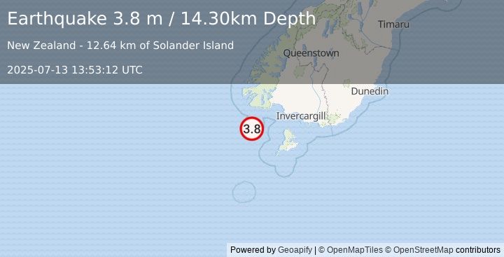 Earthquake OFF W. COAST OF S. ISLAND, N.Z. (3.8 m) (2025-07-13 13:53:12 UTC)