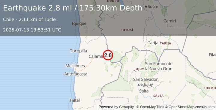 Earthquake ANTOFAGASTA, CHILE (2.8 ml) (2025-07-13 13:53:51 UTC)