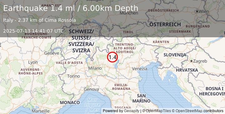 Earthquake NORTHERN ITALY (1.4 ml) (2025-07-13 14:41:07 UTC)