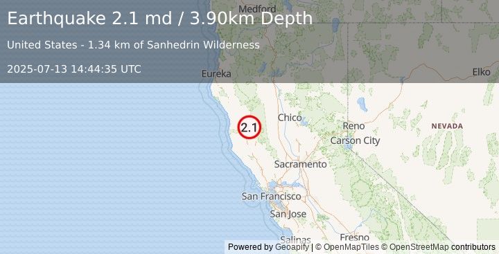 Earthquake NORTHERN CALIFORNIA (2.1 md) (2025-07-13 14:44:35 UTC)