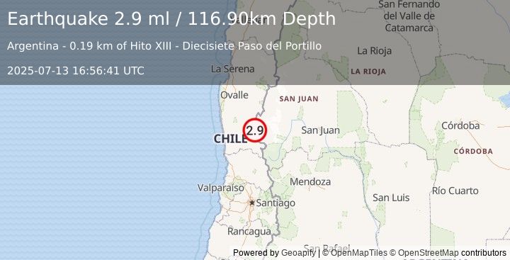 Earthquake SAN JUAN, ARGENTINA (2.9 ml) (2025-07-13 16:56:41 UTC)
