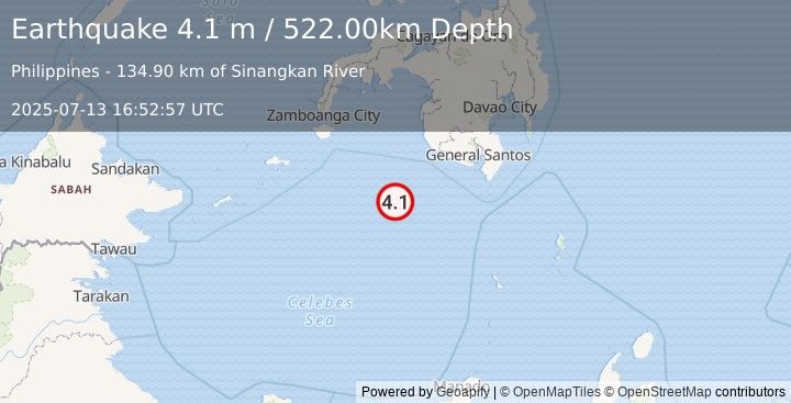 Earthquake CELEBES SEA (4.1 m) (2025-07-13 16:52:57 UTC)