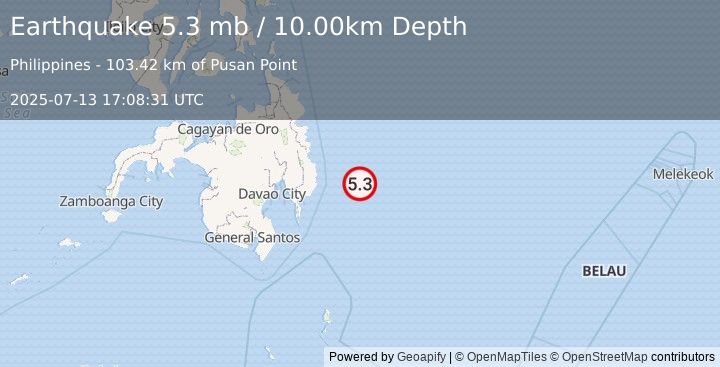 Earthquake PHILIPPINE ISLANDS REGION (5.1 mw) (2025-07-13 17:08:31 UTC)