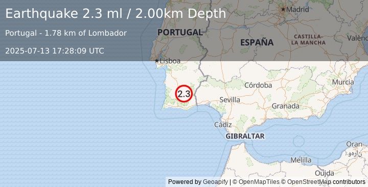 Earthquake PORTUGAL (2.3 ml) (2025-07-13 17:28:09 UTC)