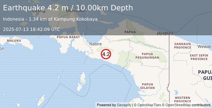 Earthquake NEAR S COAST OF PAPUA, INDONESIA (4.2 m) (2025-07-13 18:42:09 UTC)