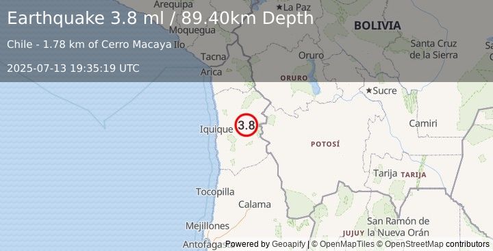 Earthquake TARAPACA, CHILE (3.8 ml) (2025-07-13 19:35:17 UTC)