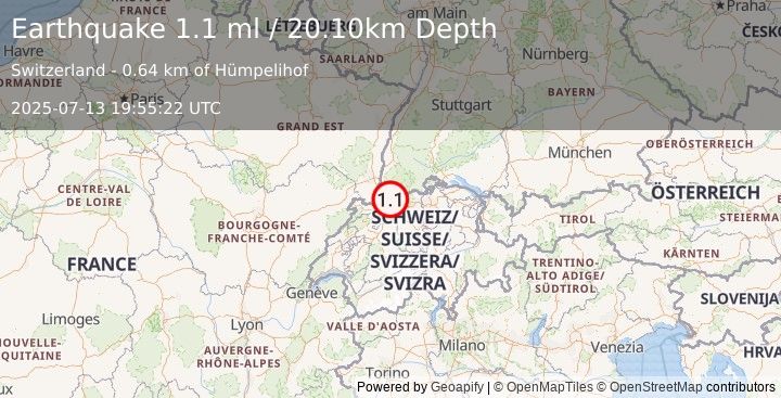 Earthquake SWITZERLAND (1.1 ml) (2025-07-13 19:55:22 UTC)