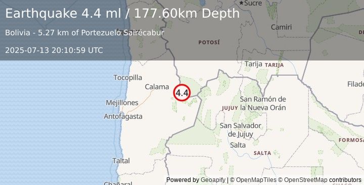 Earthquake POTOSI, BOLIVIA (4.4 mw) (2025-07-13 20:11:00 UTC)