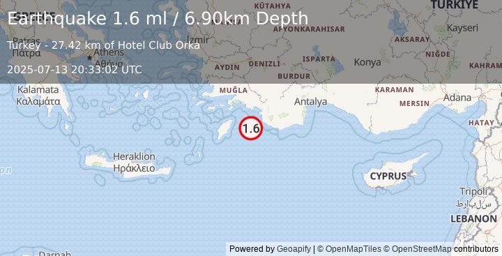Earthquake DODECANESE IS.-TURKEY BORDER REG (1.6 ml) (2025-07-13 20:33:02 UTC)
