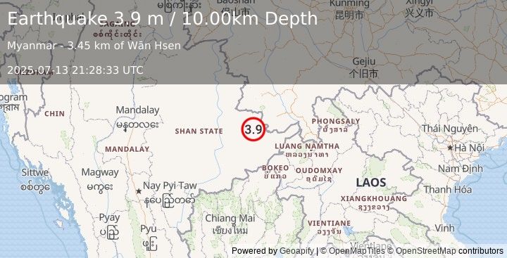 Earthquake MYANMAR (3.9 m) (2025-07-13 21:28:33 UTC)