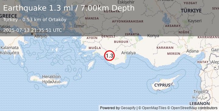 Earthquake WESTERN TURKEY (1.3 ml) (2025-07-13 21:35:51 UTC)