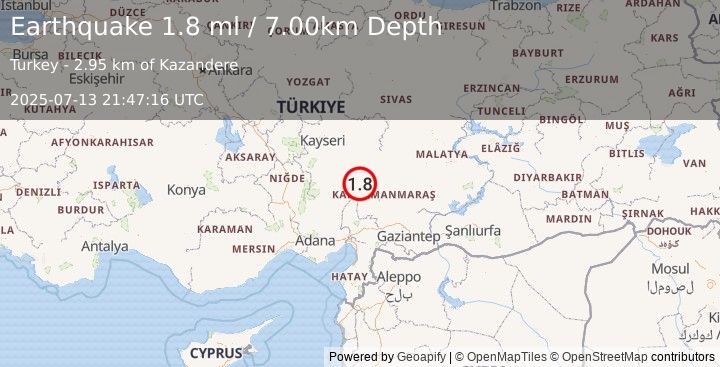 Earthquake CENTRAL TURKEY (1.8 ml) (2025-07-13 21:47:16 UTC)