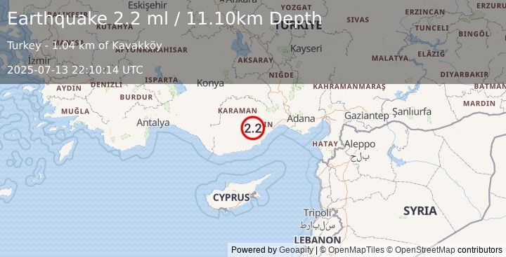 Earthquake CENTRAL TURKEY (1.9 ml) (2025-07-13 22:10:15 UTC)