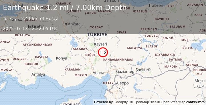 Earthquake CENTRAL TURKEY (1.2 ml) (2025-07-13 22:22:05 UTC)