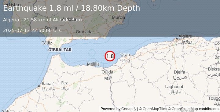 Earthquake NORTHERN ALGERIA (1.8 ml) (2025-07-13 22:50:00 UTC)