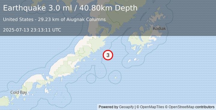 Earthquake ALASKA PENINSULA (3.0 ml) (2025-07-13 23:13:11 UTC)