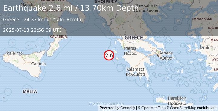 Earthquake IONIAN SEA (2.6 ml) (2025-07-13 23:56:09 UTC)