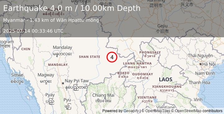 Earthquake MYANMAR (4.0 m) (2025-07-14 00:33:46 UTC)