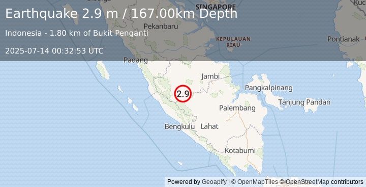 Earthquake SOUTHERN SUMATRA, INDONESIA (2.9 m) (2025-07-14 00:32:53 UTC)