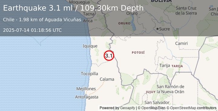 Earthquake TARAPACA, CHILE (3.1 ml) (2025-07-14 01:18:56 UTC)