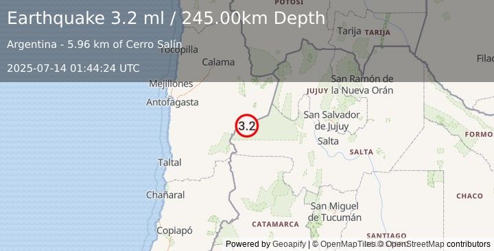 Earthquake SALTA, ARGENTINA (3.2 ml) (2025-07-14 01:44:24 UTC)