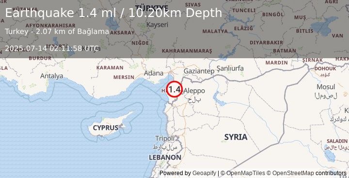 Earthquake TURKEY-SYRIA BORDER REGION (1.4 ml) (2025-07-14 02:11:58 UTC)