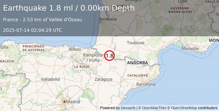Earthquake PYRENEES (1.8 ml) (2025-07-14 02:04:29 UTC)