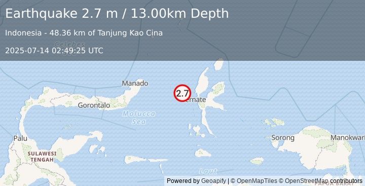 Earthquake MOLUCCA SEA (2.7 m) (2025-07-14 02:49:25 UTC)