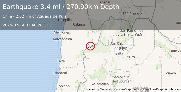Earthquake ANTOFAGASTA, CHILE (3.4 ml) (2025-07-14 03:40:28 UTC)