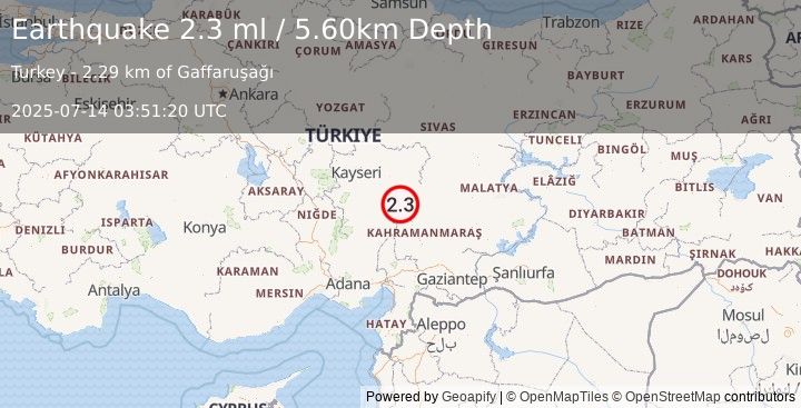 Earthquake CENTRAL TURKEY (2.3 ml) (2025-07-14 03:51:20 UTC)