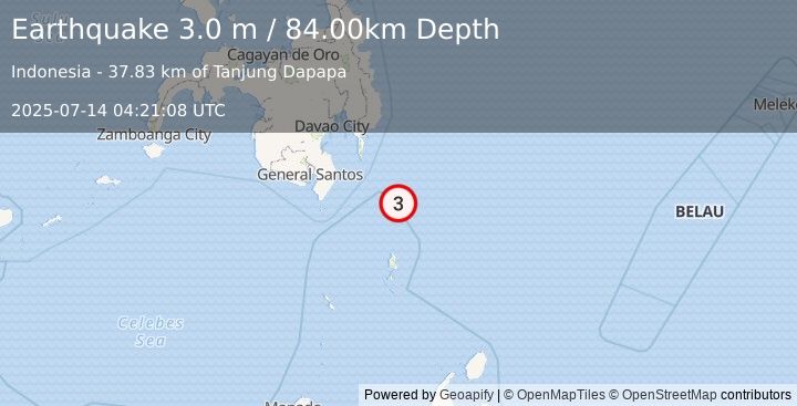Earthquake MINDANAO, PHILIPPINES (3.0 m) (2025-07-14 04:21:08 UTC)