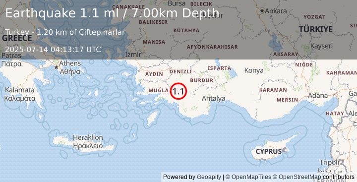 Earthquake WESTERN TURKEY (1.1 ml) (2025-07-14 04:13:17 UTC)