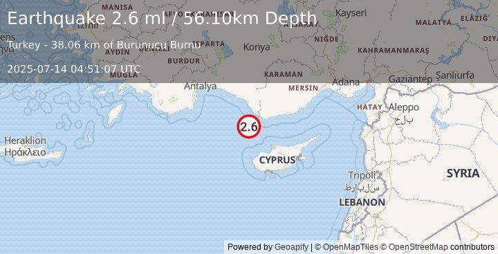 Earthquake CYPRUS REGION (2.5 ml) (2025-07-14 04:51:05 UTC)